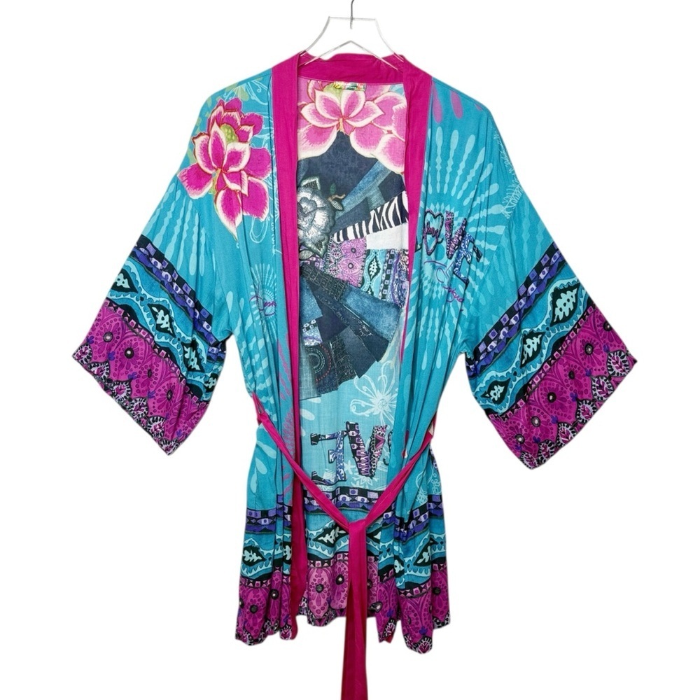 Desigual Floral Geo Print Open Front Women’s Belted Layering Kimono Sz S/M